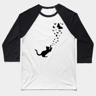 Black Cat Catching Butterflies Baseball T-Shirt